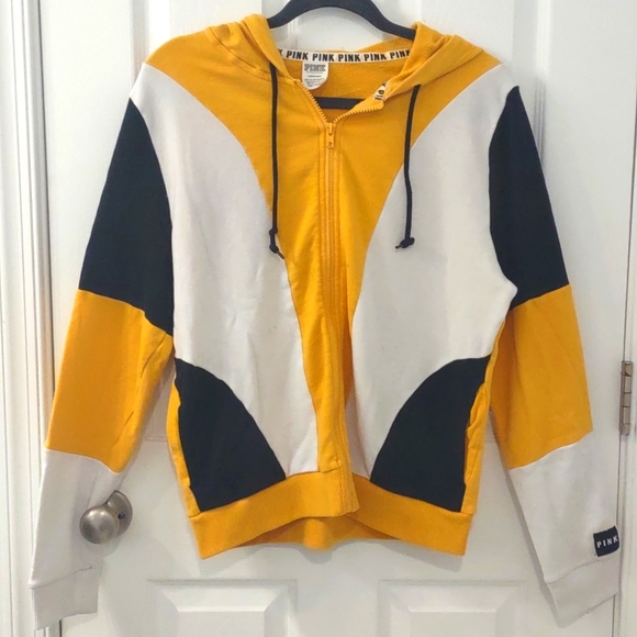 PINK Colorblock Black and Yellow Zip-Up Hoodie Size L - Picture 8 of 8